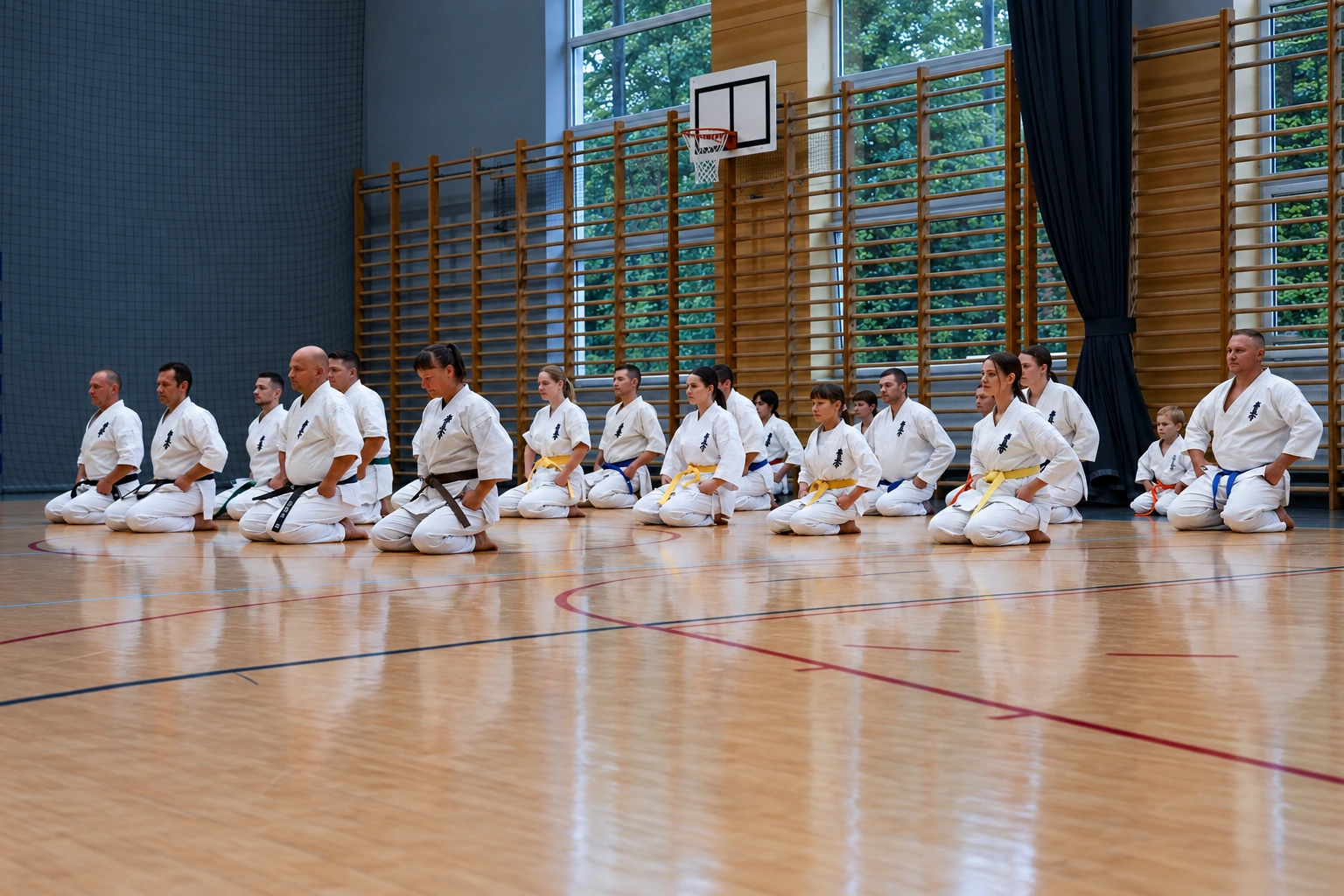 Grupa uczestników treningu Karate Kyokushin w sali sportowej